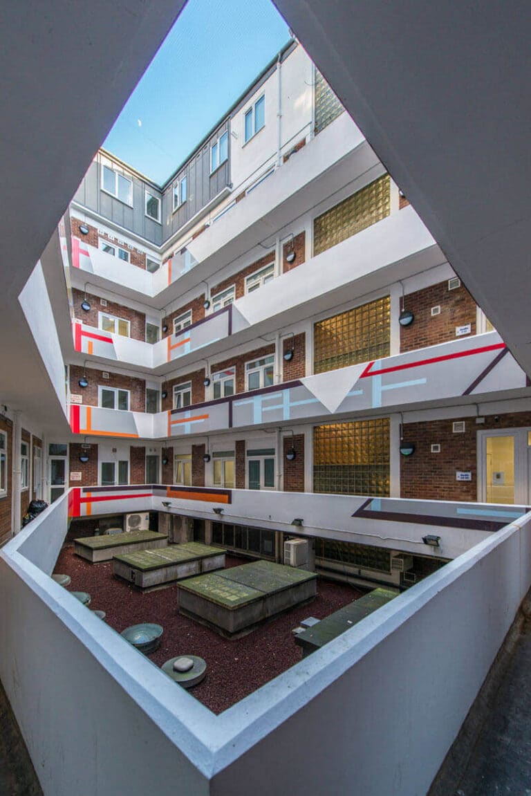 Geometric courtyard view, modern apartment complex